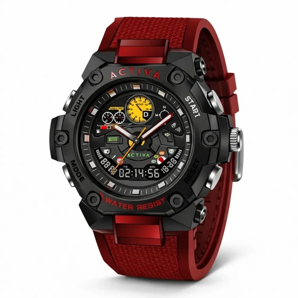 NEW Activa Digital Men's Watch 55mm Red ACW8092-003 Steering Wheel Chronograph